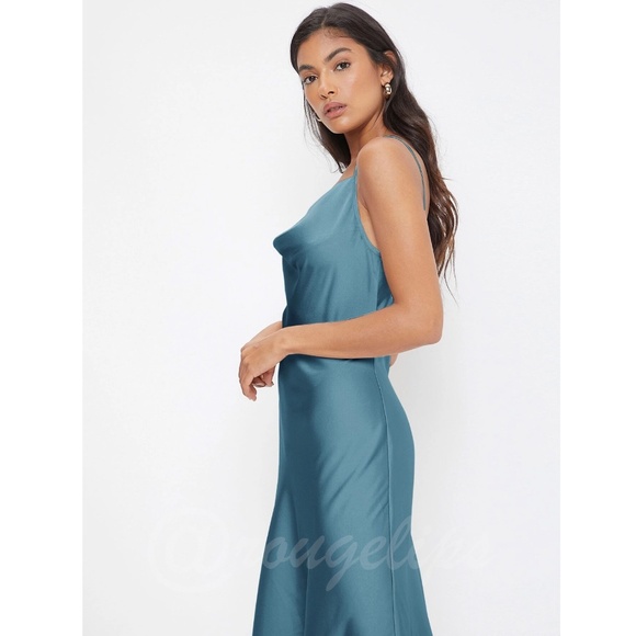 Blue Satin Cami Dress Midi  Adjustable Spaghetti Straps - Picture 3 of 8